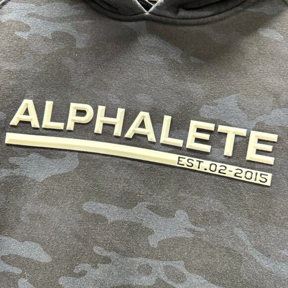 Alphalete Hoodie Mens Medium Black Blue Camo Pullover Logo Front Sweatshirt - Picture 3 of 7